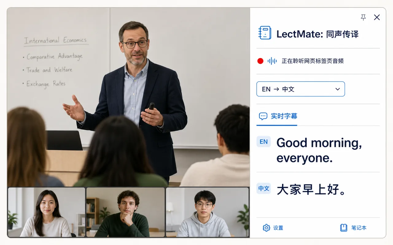 The LectMate Chrome extension showing live English-to-Chinese captions beside a browser lecture