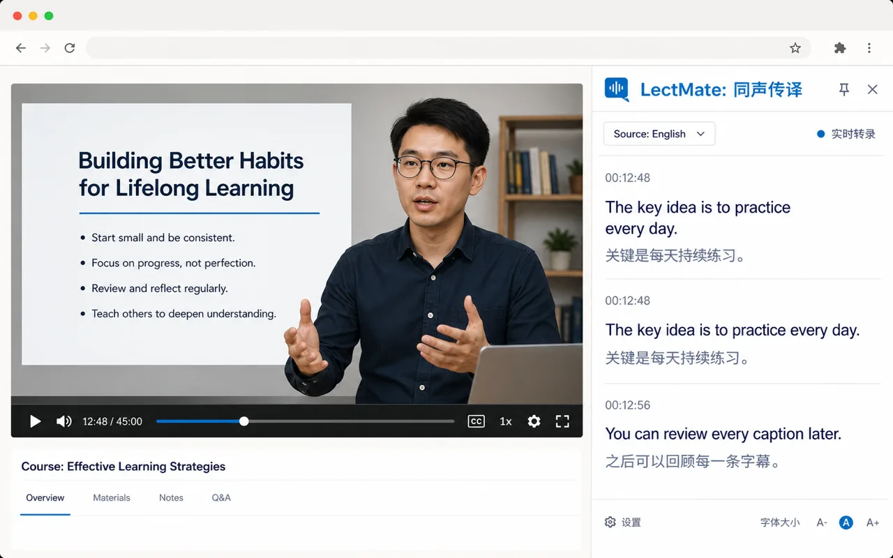 A browser lecture with LectMate side-panel captions shown in English and Chinese