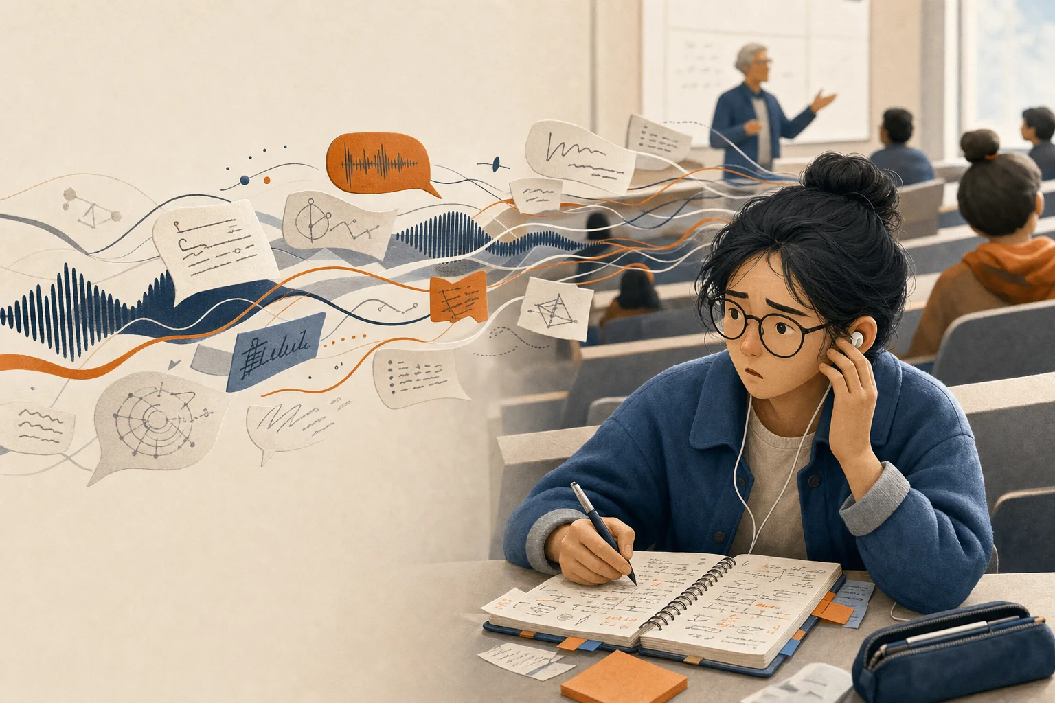 留学生面对快速课堂语音、专业术语和笔记压力时出现信息过载